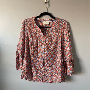 Maeve Orange Floral Print Peasant Blouse Button Up Size XS